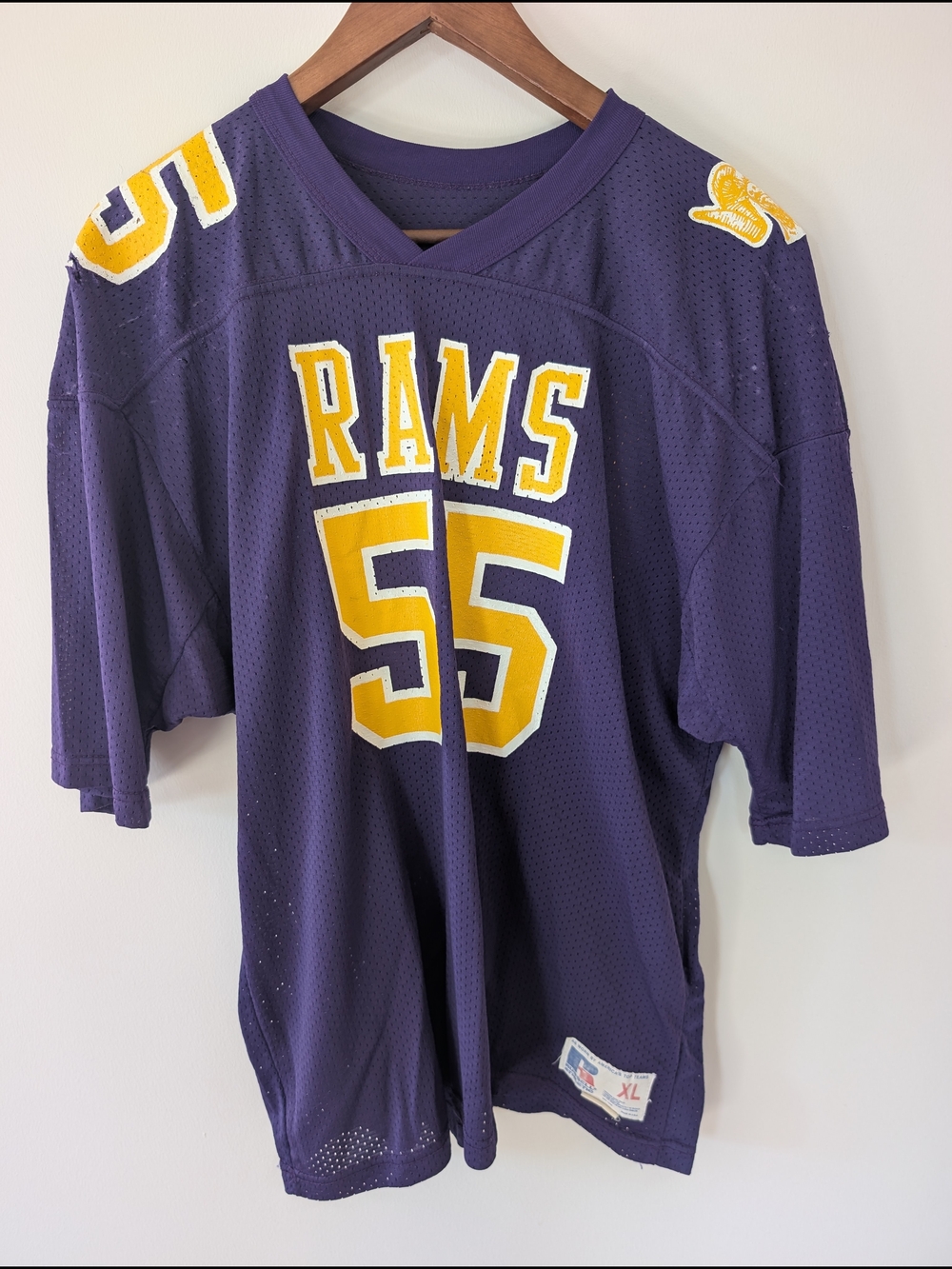 VTG 70s 80s Russell Athletic Mesh Football Jersey Rams #55 Purple Gold XL USA